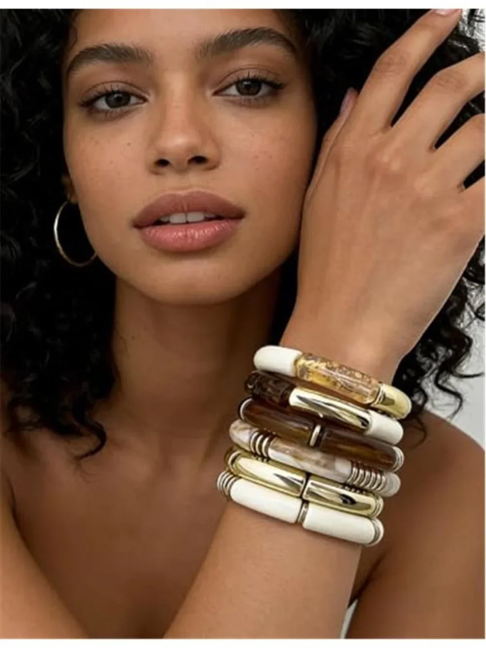 6pcs Chunky Acrylic Bangle Bracelets for Women, Resin Bamboo Brown